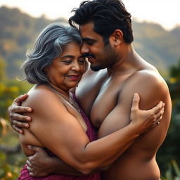 A nude young Indian man with a toned physique, embracing an elegantly beautiful plus-size mature Indian woman around 60 years old, with striking grey hair