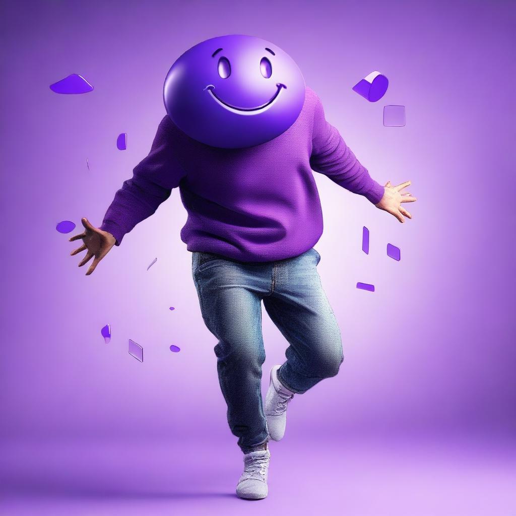 A hyper-realistic digital art piece depicting a man with a purple emoticon for a head, captured mid-jump