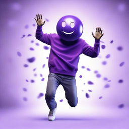 A hyper-realistic digital art piece depicting a man with a purple emoticon for a head, captured mid-jump