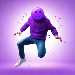 A hyper-realistic digital art piece depicting a man with a purple emoticon for a head, captured mid-jump