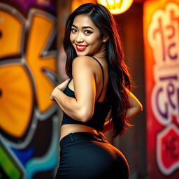 A stunning Asian woman posing confidently, showcasing her curvy figure, particularly emphasizing her voluptuous hips and backside