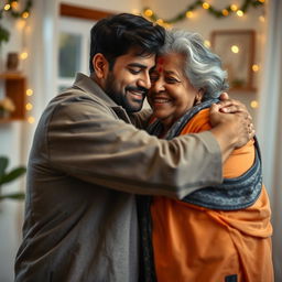 An Indian young man warmly hugging a mature 60-year-old Indian woman, who is large-sized with a gentle, welcoming presence and beautiful grey hair