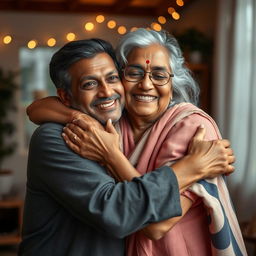 An Indian young man warmly hugging a mature 60-year-old Indian woman, who is large-sized with a gentle, welcoming presence and beautiful grey hair