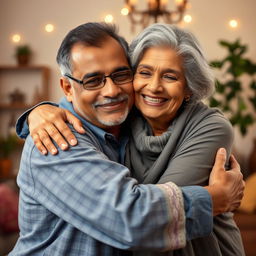 An Indian young man warmly hugging a mature 60-year-old Indian woman, who is large-sized with a gentle, welcoming presence and beautiful grey hair
