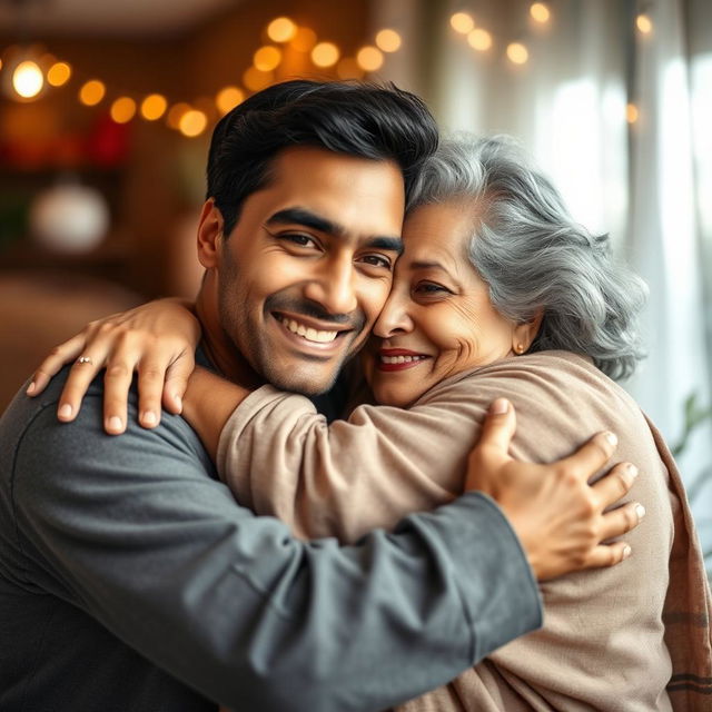 An Indian young man warmly hugging a mature 60-year-old Indian woman, who is large-sized with a gentle, welcoming presence and beautiful grey hair