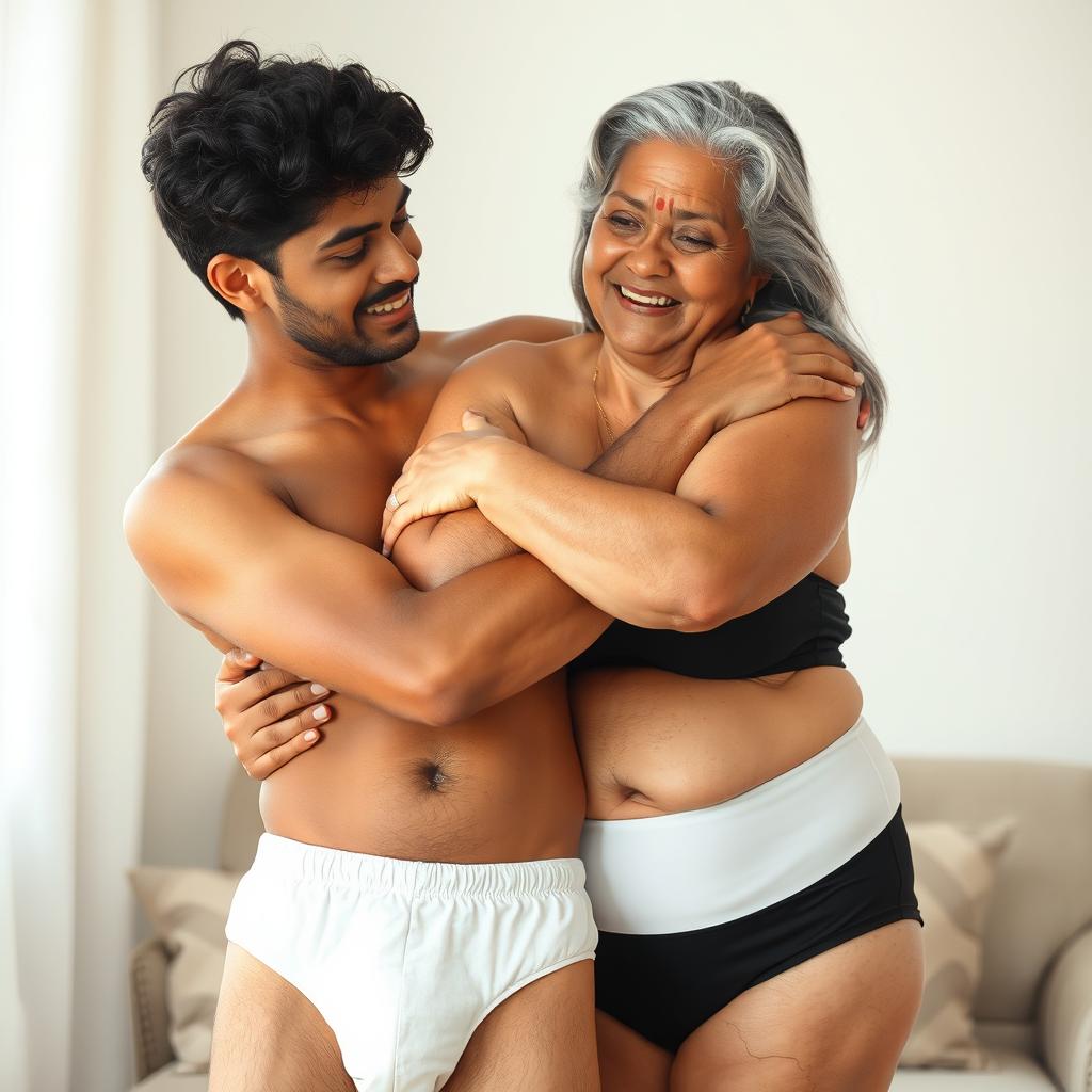 An Indian young man wearing black underwear, embracing a mature 60-year-old Indian woman who is large-sized with beautiful grey hair and dressed in white panties