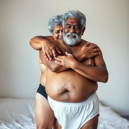 An Indian young man wearing black underwear, embracing a mature 60-year-old Indian woman who is large-sized with beautiful grey hair and dressed in white panties