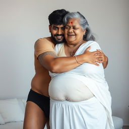 An Indian young man wearing black underwear, embracing a mature 60-year-old Indian woman who is large-sized with beautiful grey hair and dressed in white panties