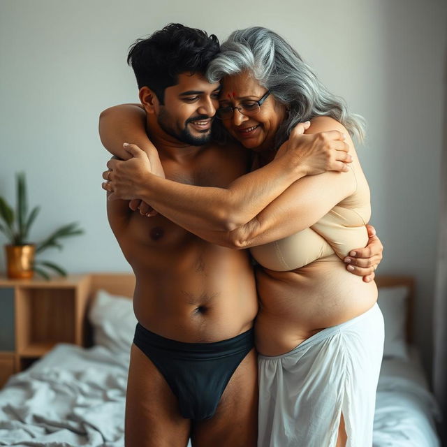 An Indian young man wearing black underwear, embracing a mature 60-year-old Indian woman who is large-sized with beautiful grey hair and dressed in white panties