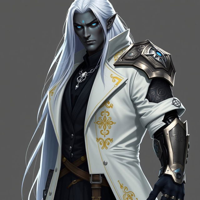 A tall Drow character named Jayce Kovacs standing confidently