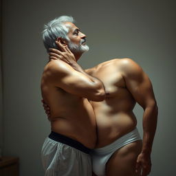 An Indian young man wearing black underwear, gently kissing a large-sized, mature 60-year-old Indian woman with beautiful grey hair, who is dressed in white panties