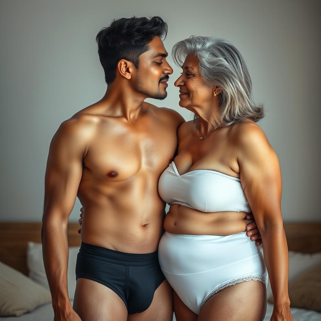 An Indian young man wearing black underwear, gently kissing a large-sized, mature 60-year-old Indian woman with beautiful grey hair, who is dressed in white panties