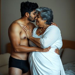 An Indian young man wearing black underwear, gently kissing a large-sized, mature 60-year-old Indian woman with beautiful grey hair, who is dressed in white panties