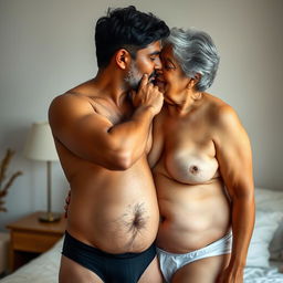 An Indian young man wearing black underwear, gently kissing a large-sized, mature 60-year-old Indian woman with beautiful grey hair, who is dressed in white panties