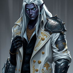 A tall Drow named Jayce Kovacs with long, snow-white hair and glowing blue irises, contrasting against dark obsidian skin