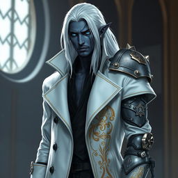 A tall Drow named Jayce Kovacs with long, snow-white hair and glowing blue irises, contrasting against dark obsidian skin