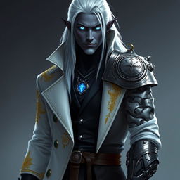 A tall Drow named Jayce Kovacs with long, snow-white hair and glowing blue irises, contrasting against dark obsidian skin