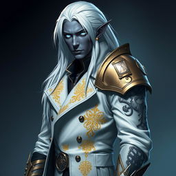 A tall Drow named Jayce Kovacs with long, snow-white hair and glowing blue irises, contrasting against dark obsidian skin