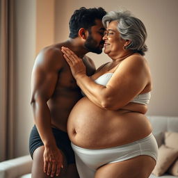 An Indian young man wearing black underwear, gently kissing a mature 60-year-old Indian woman who is large-sized with a curvy figure, wide hips, and beautiful grey hair, dressed in white panties