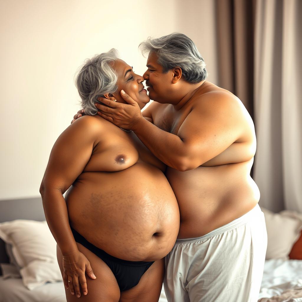 An Indian young man wearing black underwear, gently kissing a mature 60-year-old Indian woman who is large-sized with a curvy figure, wide hips, and beautiful grey hair, dressed in white panties