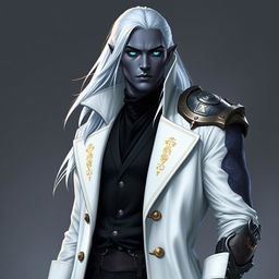 A tall Drow named Jayce Kovacs, featuring long snow-white hair and glowing blue irises, strikingly contrasting with his dark obsidian skin