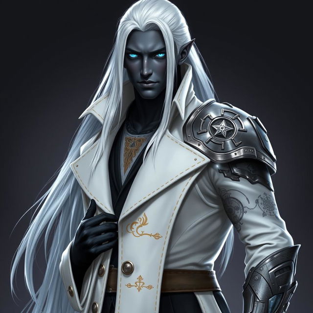 A tall Drow named Jayce Kovacs, featuring long snow-white hair and glowing blue irises, strikingly contrasting with his dark obsidian skin