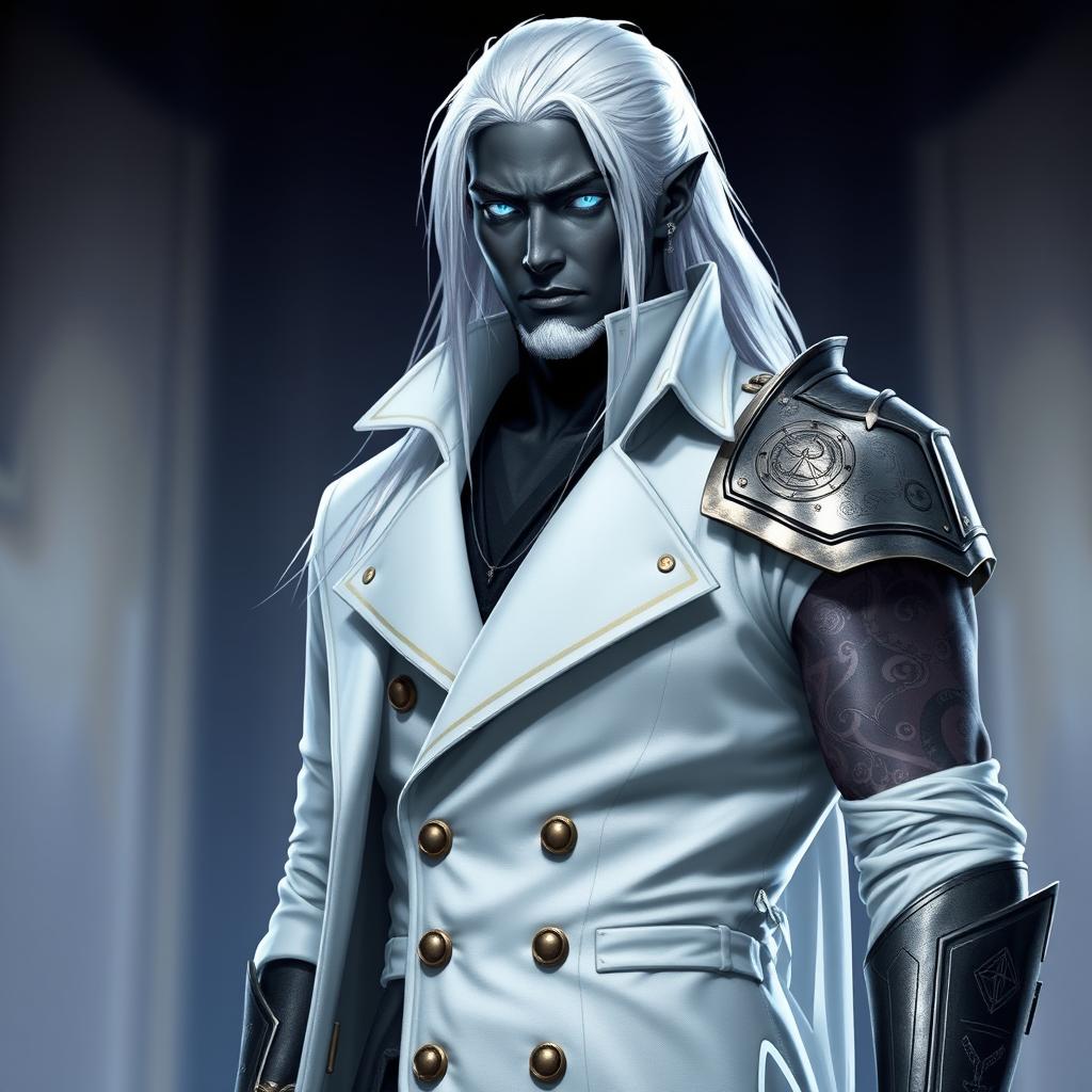 A tall Drow named Jayce Kovacs, featuring long snow-white hair and glowing blue irises, strikingly contrasting with his dark obsidian skin