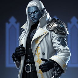 A tall Drow named Jayce Kovacs, featuring long snow-white hair and glowing blue irises, strikingly contrasting with his dark obsidian skin