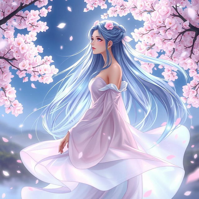 A beautiful, ethereal character named Yuna, with long flowing hair that shimmers in shades of blue and silver, adorned with delicate floral accessories