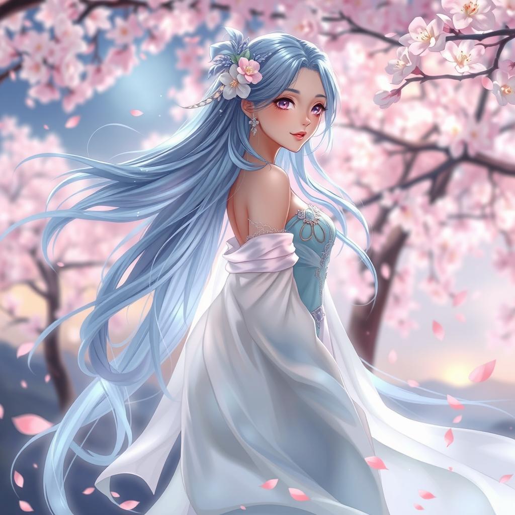 A beautiful, ethereal character named Yuna, with long flowing hair that shimmers in shades of blue and silver, adorned with delicate floral accessories