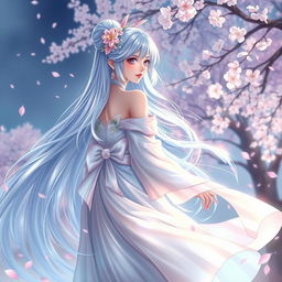 A beautiful, ethereal character named Yuna, with long flowing hair that shimmers in shades of blue and silver, adorned with delicate floral accessories