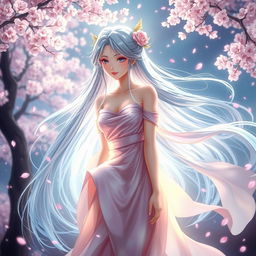 A beautiful, ethereal character named Yuna, with long flowing hair that shimmers in shades of blue and silver, adorned with delicate floral accessories