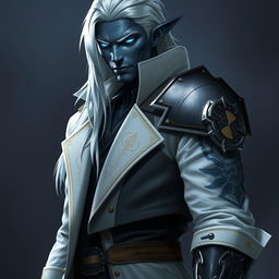 A tall Drow named Jayce Kovacs with long, snow-white hair and glowing blue irises set against his dark obsidian skin