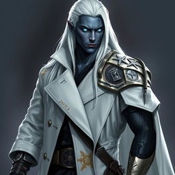 A tall Drow named Jayce Kovacs with long, snow-white hair and glowing blue irises set against his dark obsidian skin
