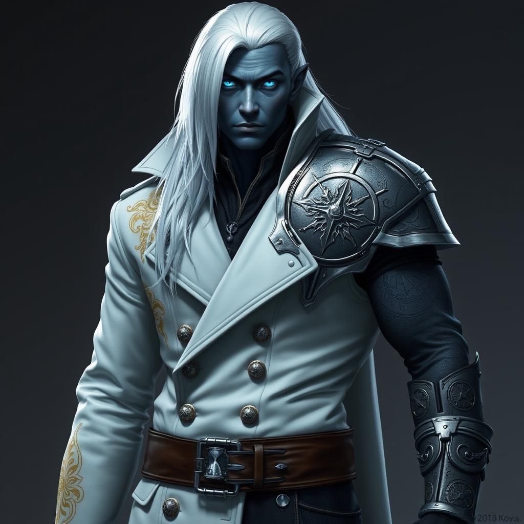 A tall Drow named Jayce Kovacs with long, snow-white hair and glowing blue irises set against his dark obsidian skin