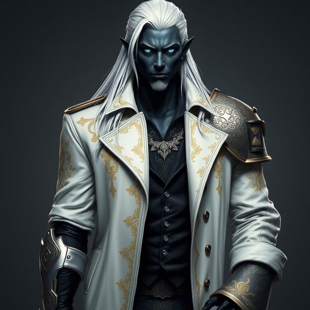 A tall Drow named Jayce Kovacs with long, snow-white hair and glowing blue irises set against his dark obsidian skin