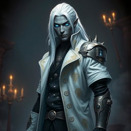 A tall Drow male with long, snow-white hair and glowing blue irises, in striking contrast to his dark obsidian skin