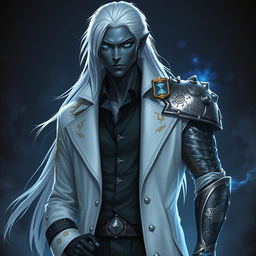 A tall Drow male with long, snow-white hair and glowing blue irises, in striking contrast to his dark obsidian skin