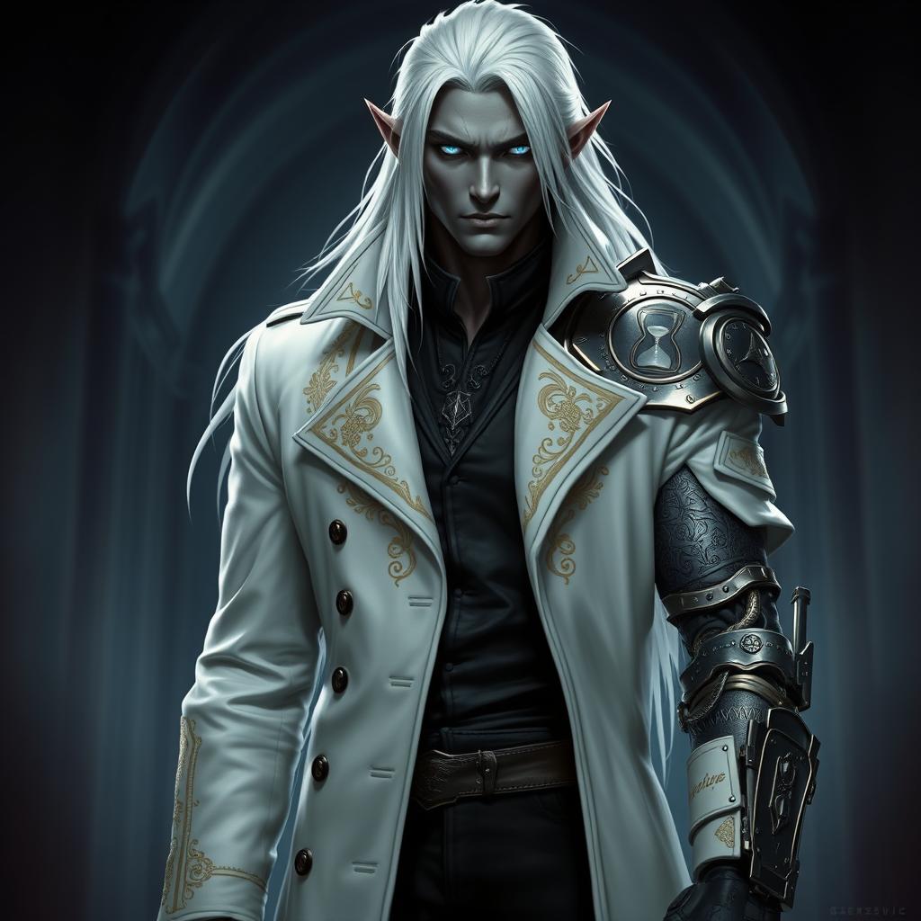 A tall Drow male with long, snow-white hair and glowing blue irises, in striking contrast to his dark obsidian skin