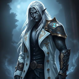 A tall Drow male with long, snow-white hair and glowing blue irises, in striking contrast to his dark obsidian skin