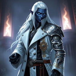 A tall Drow male with long, snow-white hair and vibrant glowing blue irises, contrasting sharply against his dark obsidian skin