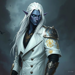 A tall Drow male with long, snow-white hair and vibrant glowing blue irises, contrasting sharply against his dark obsidian skin