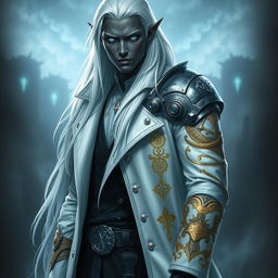 A tall Drow male with long, snow-white hair and vibrant glowing blue irises, contrasting sharply against his dark obsidian skin