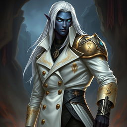 A tall Drow male with long, snow-white hair and vibrant glowing blue irises, contrasting sharply against his dark obsidian skin
