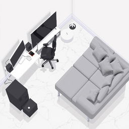 A top-down pixel art view of a slightly isometric modern room, designed in a video game style, featuring only furniture and flooring without walls or curtains