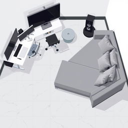 A top-down pixel art view of a slightly isometric modern room, designed in a video game style, featuring only furniture and flooring without walls or curtains