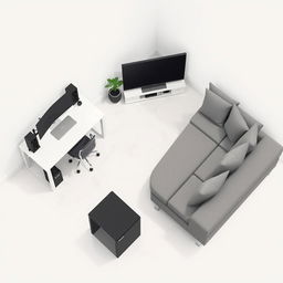 A top-down pixel art view of a slightly isometric modern room, designed in a video game style, featuring only furniture and flooring without walls or curtains