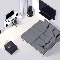 A top-down pixel art view of a slightly isometric modern room, designed in a video game style, featuring only furniture and flooring without walls or curtains