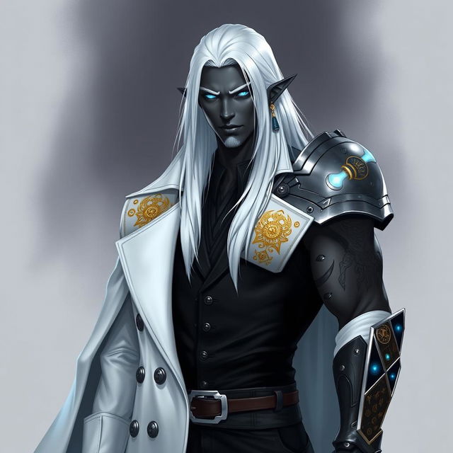 A tall Drow male character named Jayce Kovacs with long, snow-white hair and striking glowing blue irises set against his dark obsidian skin