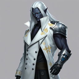 A tall Drow male character named Jayce Kovacs with long, snow-white hair and striking glowing blue irises set against his dark obsidian skin